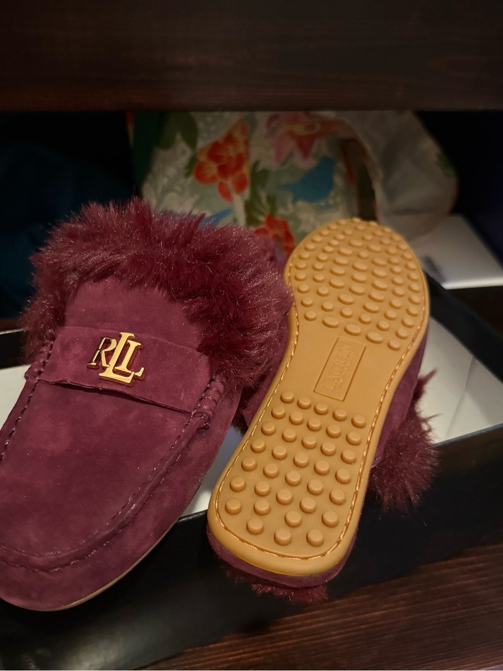 Ralph Lauren Wine Suede Fur-Trim Moccasins
